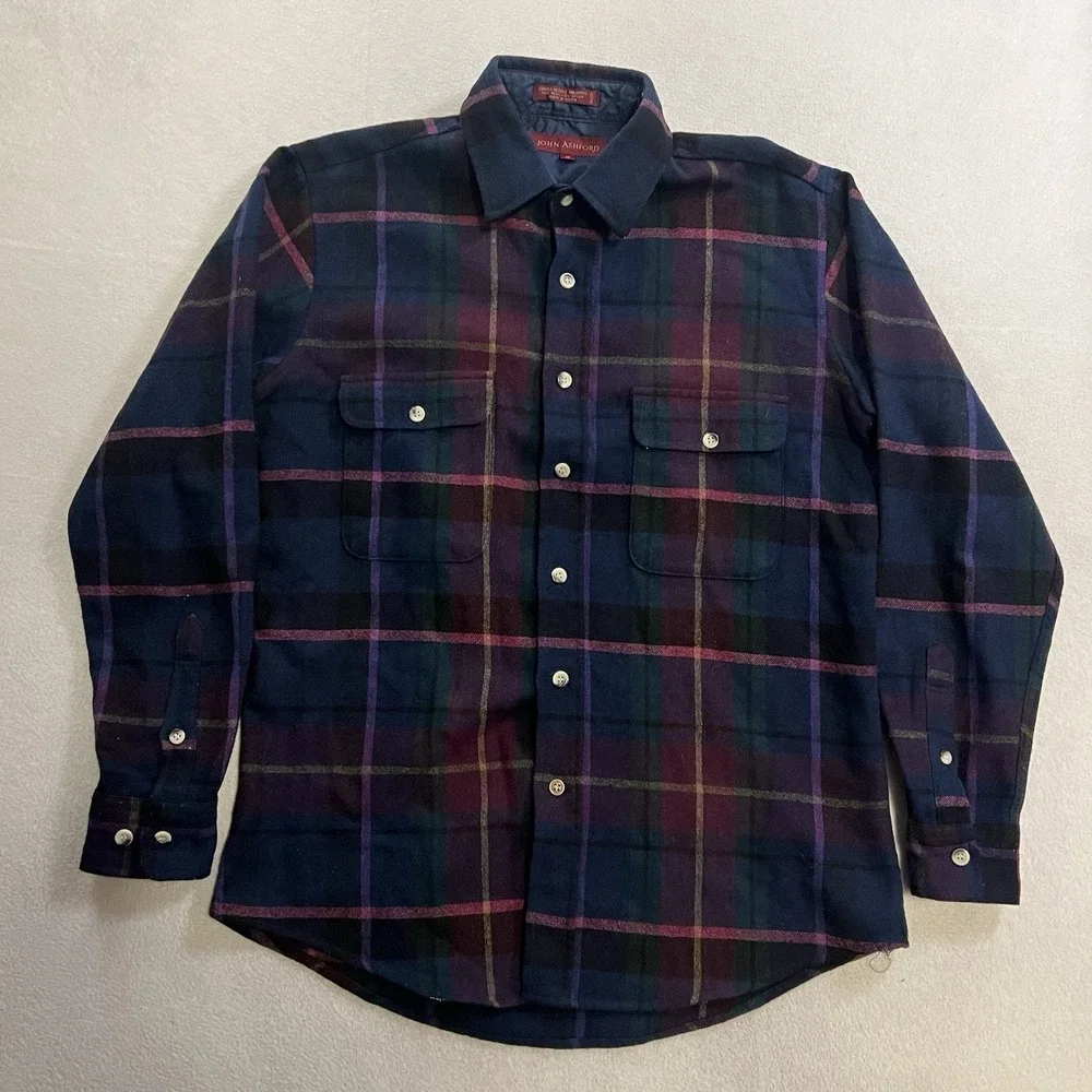 Vintage John Ashford Flannel Shirt Men's Size Large Red Plaid Wool Blend 80s